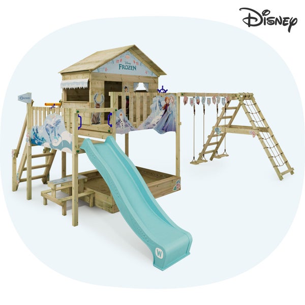 WICKEY Spielturm Disney Die Eiskönigin Saga mit Rutsche, Picknicktisch, Kletteranbau und Doppelschaukel