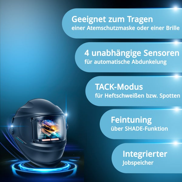 Schweißhelm mit automatischer Abdunkelung, geeignet für Atemschutzmaske oder Brille, mit vier unabhängigen Sensoren, TACK-Modus zum Punktschweißen, Feintuning über SHADE-Funktion und integriertem Jobspeicher.