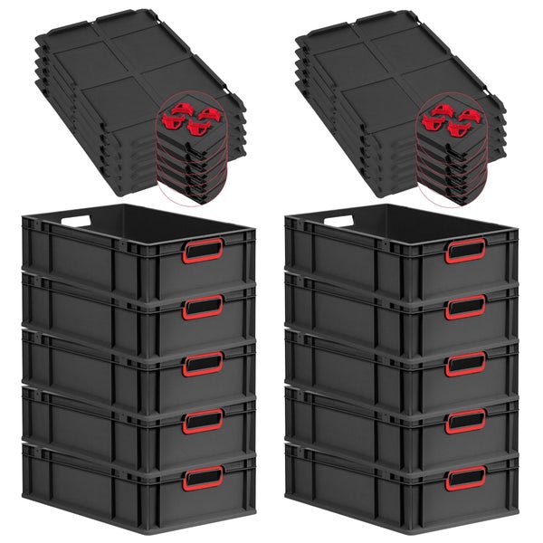 PROREGAL SparSet 10x Eurobox NextGen Color mit Auflagedeckel und Schiebeschnappverschlüsse, HxBxT 17x40x60cm, 34 Liter, Schwarz, Griffe rot offen, Eurobehälter, Transportbox, Transportbehälter, Stapelbehälter