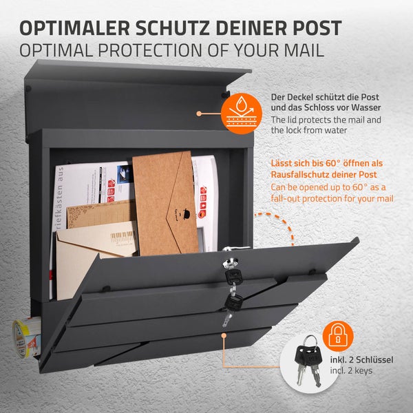 ECD Germany Standbriefkasten mit Zeitungsfach, Briefkasten mit Pfosten, Standfuß freistehend, Briefkastenanlage Briefkastenständer Anthrazit Edelstahl, Postkasten Anthrazit Edelstahl pulverbeschichtet