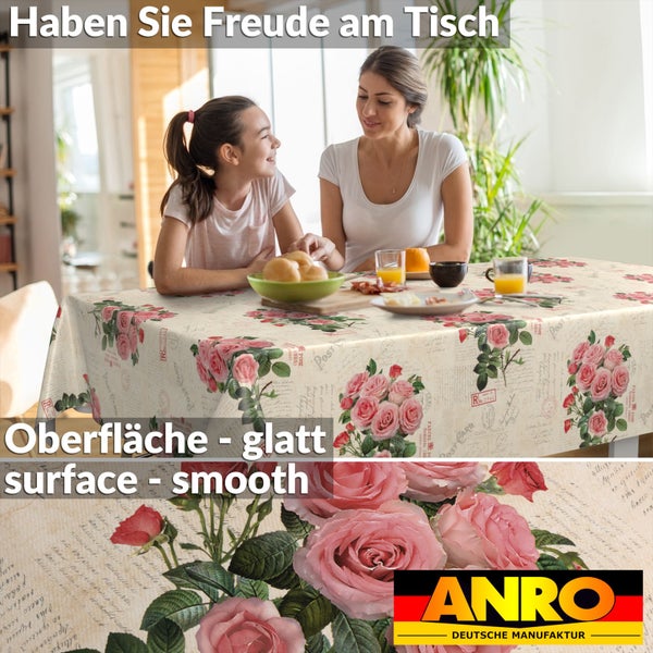 Abwaschbare Tischdecke mit Rosen und Vintage-Motiv in einem hellen Esszimmer mit Familie. Glatte Oberfläche. ANRO Logo.