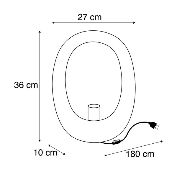 Maße einer ovalen Lampe: 36 cm Höhe, 27 cm Breite, 10 cm Tiefe, Kabellänge 180 cm