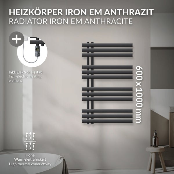 LuxeBath Elektrischer Badheizkörper Iron EM 600x1000mm Anthrazit + Heizstab 300W Thermostat Digitalanzeige, Handtuchheizkörper mit Heizpatrone, Elektro Handtuchwärmer Paneelheizkörper Designheizkörper