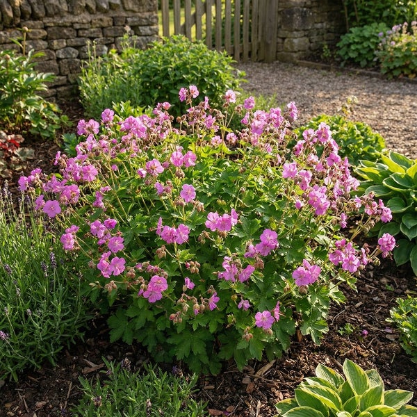 Blühender Storchschnabel Geranium im Gartenbeet mit rosa Blüten und grünem Laub vor einer Steinmauer.