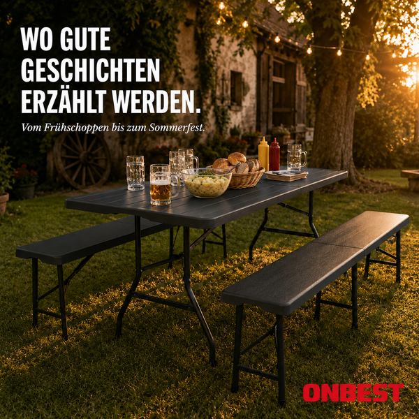 Bierzeltgarnitur aus Kunststoff mit Klapptisch und zwei Klappbänken im Garten mit Speisen und Getränken. ONBEST Logo.