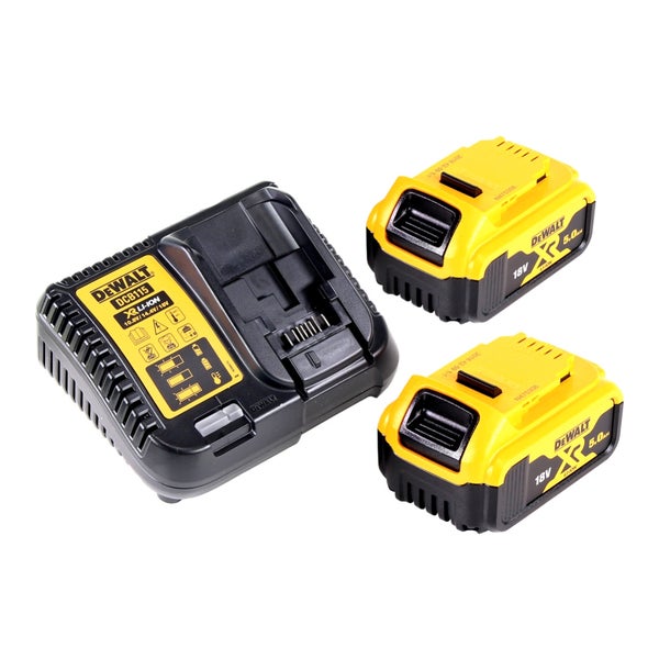 DeWalt Starter-Set mit Ladegerät DCB115 und zwei 18 Volt 5,0 Amperestunden XR Lithium-Ionen-Akkus in Gelb und Schwarz.
