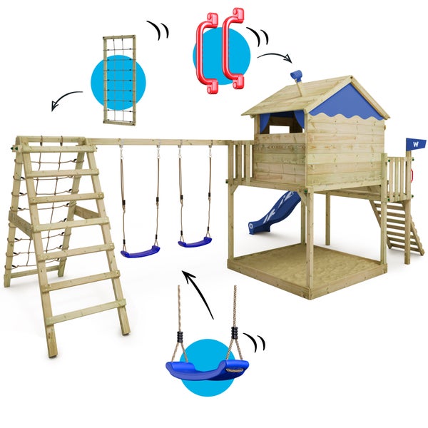 WICKEY Spielturm Klettergerüst Smart Ocean mit Schaukel und Rutsche, Stelzenhaus mit Sandkasten, Kletterleiter und Spiel-Zubehör - blau