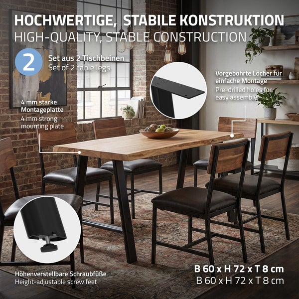 Set aus 2 Tischbeinen mit Montageplatte und verstellbaren Füßen für einen Esstisch im modernen Design in einem Wohnzimmer.
