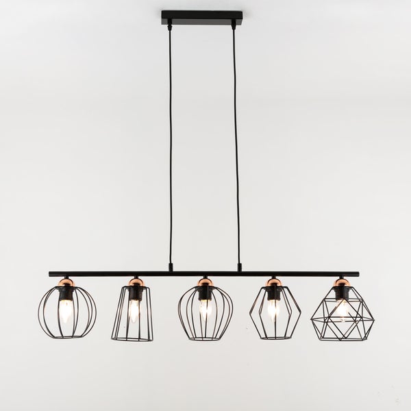 Hängelampe mit fünf geometrischen Lampenschirmen aus Metalldraht