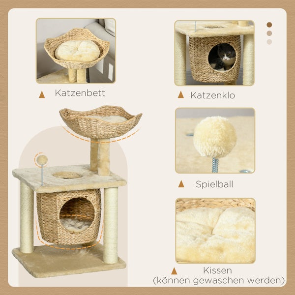 PawHut Katzen Kratzbaum Klein, 74 cm Katzenbaum mit Katzenhöhle, Spielball, Indoor Kletterturm mit Bett, Kratzmöbel für Katzen bis 5 kg, Beige