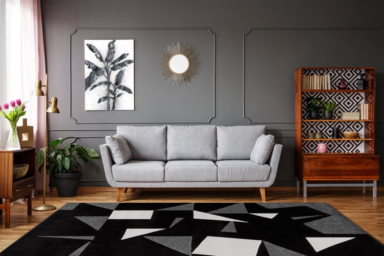 Modernes Wohnzimmer mit grauem Sofa, gemustertem Teppich, dunkler Wand mit Wandleisten, einem Pflanzenmotiv Bild und einem Holzregal.