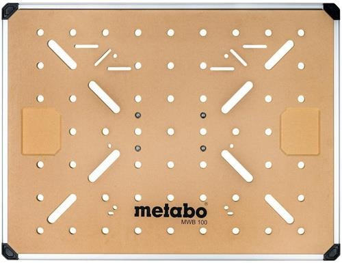 Metabo Lochplatte MWB 100 für Multifunktionstische aus Holzwerkstoff mit Aluminiumrahmen und Bohrungen zur Werkzeugfixierung.