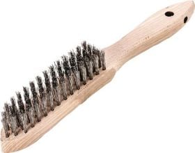 Drahtbürste mit Holzgriff zur Reinigung von Oberflächen.