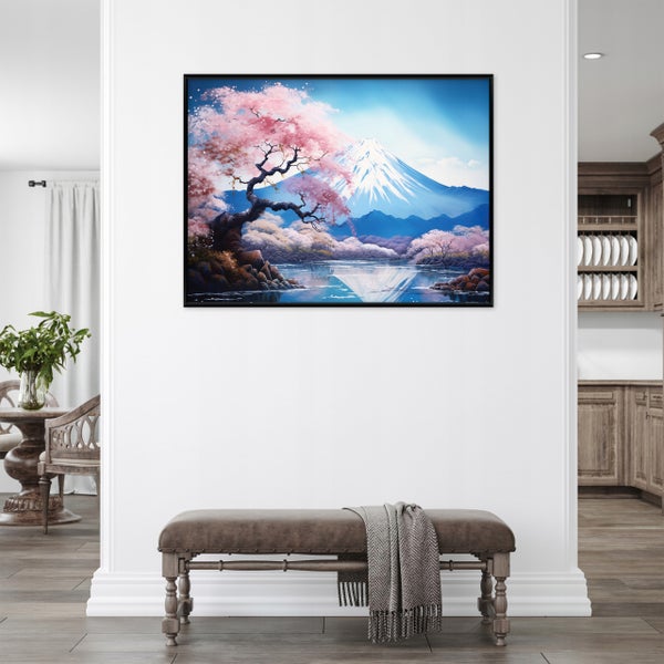 Detailansicht eines Leinwandbildes mit schwarzem Rahmen und abstrakten Farbverläufen