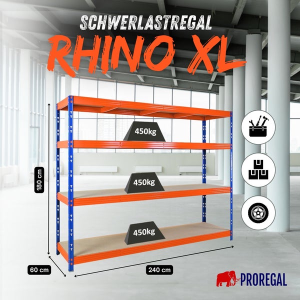 Proregal Schwerlastregal Rhino XL, vier Böden, Blau und Orange, Maße 180 mal 240 mal 60 Zentimeter, Traglast 450 Kilogramm pro Boden, Proregal Logo.