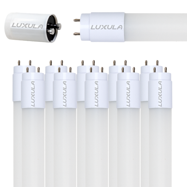 Luxula LED-Röhren im 10er Pack mit G13 Sockel und Detailansicht der Anschlussstifte.