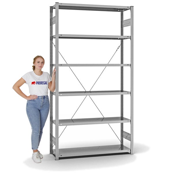 PROREGAL Fachbodenregal Stecksystem T-Profil Light-Duty Grundregal HxBxT 250 x 130 x 40 cm 6 Ebenen Fachlast 180 kg Einseitig Nutzbar Verzinkt