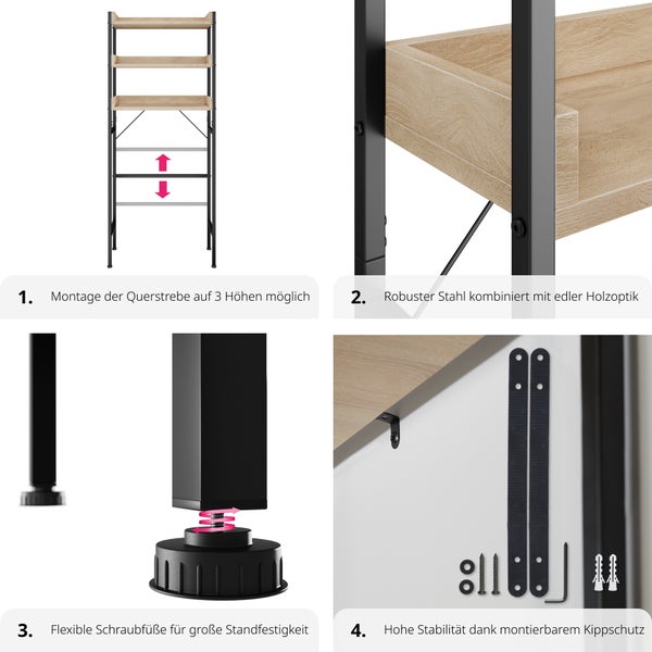 Vier Produktmerkmale eines Regals: höhenverstellbare Querstreben, Materialmix Stahl und Holzoptik, verstellbare Füße und Kippschutz.