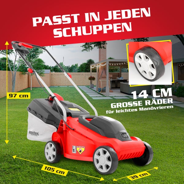Roter Rasenmäher mit Fangkorb und Größenangaben im Garten