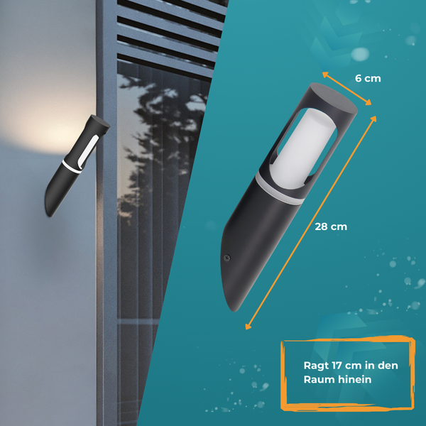 Abbildung einer Außenwandleuchte mit den Maßen 6 cm Durchmesser, 28 cm Höhe und einer Ausladung von 17 cm.