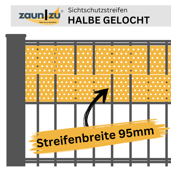 Zaun ZU Logo. Sichtschutzstreifen, halb gelocht mit Streifenbreite 95 mm.