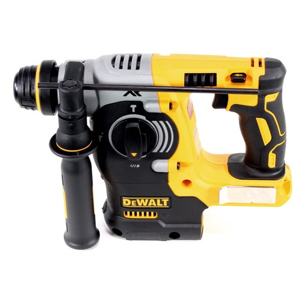 DeWalt Akku-Bohrhammer mit Zusatzhandgriff und Tiefenanschlag, Seitenansicht.