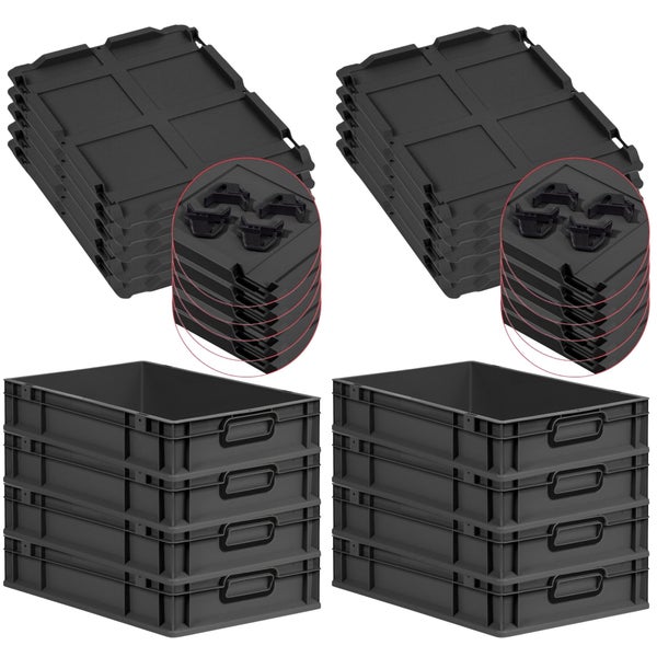 PROREGAL SuperSparSet 8x Eurobox NextGen Color mit Auflagedeckel und Schiebeschnappverschlüsse, HxBxT 12x40x60cm, 23 Liter, Schwarz, Griffe schwarz geschlossen, Eurobehälter, Transportbox, Transportbehälter, Stapelbehälter