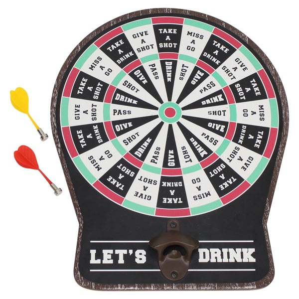 Magnetische Trinkspiel-Dartscheibe mit integriertem Flaschenöffner und zwei Wurfpfeilen.