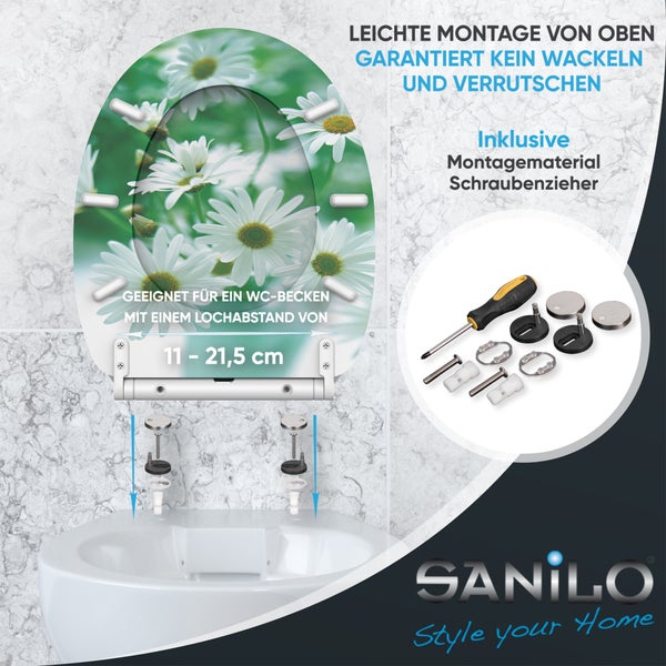 WC-Sitz mit Gänseblümchen-Motiv, Montage von oben, inklusive Montagematerial und Schraubendreher. Lochabstand 11 bis 21,5 Zentimeter. Sanilo Logo.