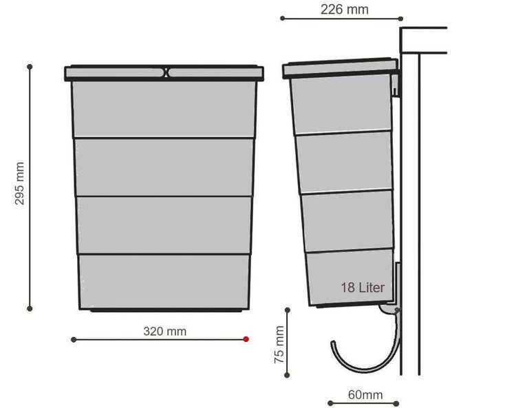 Maßzeichnung eines 18-Liter-Abfalleimers mit den Maßen: 295 Millimeter Höhe, 320 Millimeter Breite und 226 Millimeter Tiefe.