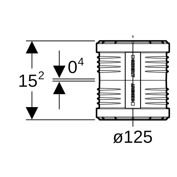 Technische Zeichnung einer Geberit Muffe mit einem Durchmesser von 125, einer Gesamthöhe von 15,2 und einem Mittelstück von 0,4.