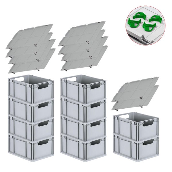 PROREGAL Spar Set 10x Eurobox Nextgen Economy Mit Auflagedeckel & 4x Schiebeschnappverschlüsse Grün Griffe Offen HxBxT 22 x 30 x 40 cm 20 Liter