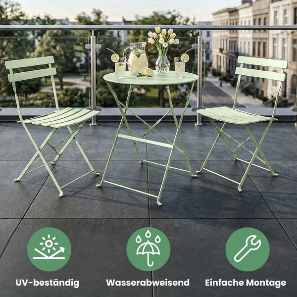 Balkonset aus Metall mit rundem Klapptisch und zwei Klappstühlen. Ultraviolettbeständig, wasserabweisend, einfache Montage.