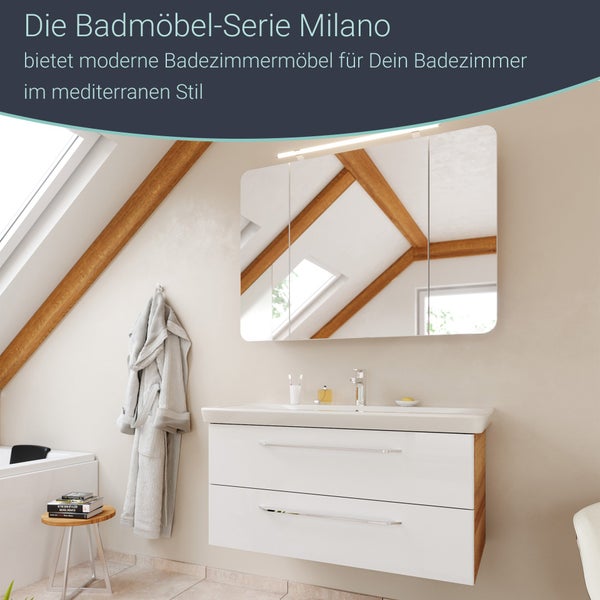 FACKELMANN MILANO Badmöbel Set 2 Teile – Waschtisch mit Unterschrank fürs Bad – Waschbeckenunterschrank mit Schubladen in Weiß mit Holz braun – Badschrank hängend – 100 cm breit