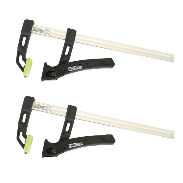 Zwei Trutzholm Einhandzwingen mit Metallschiene, Kunststoffgriffen und Trutzholm Logo für schnelles Einspannen.