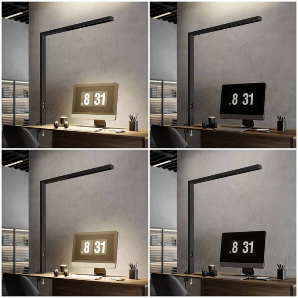 Schwarze LED-Schreibtischlampe mit Klemme, minimalistisches Design in L-Form und Touch-Bedienung.