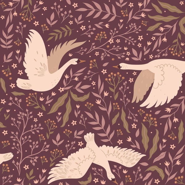 Muster mit Schwänen, Blättern und Blumen