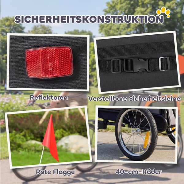 Sicherheitsmerkmale eines Hundeanhängers mit Reflektoren, verstellbarer Sicherheitsleine, roter Flagge und 40 Zentimeter großen Rädern.