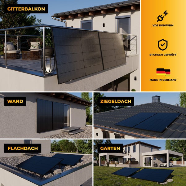 Anwendungsbeispiele für Photovoltaik-Module an Balkon, Wand, Ziegeldach, Flachdach und im Garten. VDE-konform, statisch geprüft und Made in Germany.
