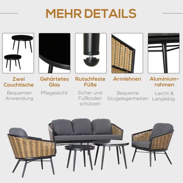 Outsunny 5-tlg. Gartenmöbel-Set, 187L x 77B x 77H cm, Aluminium, PE Rattan, Polyester, natur