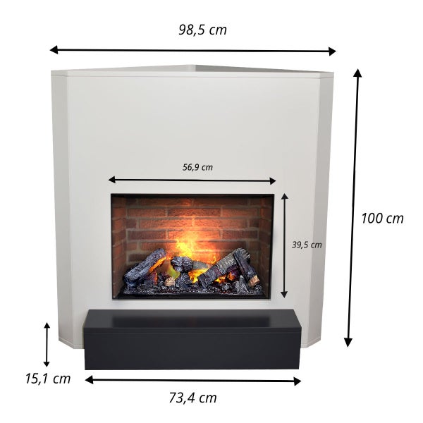 GLOW FIRE Elektrokamin 'Fontane' | Wasserdampf Kamin mit Heizung und Steinrückwand in weiß als Eckkamin | HxBxT: 100x98,5x71,5 cm