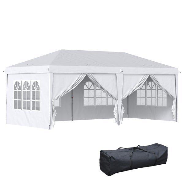 Outsunny Pavillon 5,85 x 2,95 m Gartenpavillon, Faltpavillon mit UV-Schutz, Partyzelt, Bierzelt mit Seitenwände, Fenster, Reißverschlusstüren, für Balkon, Stahl, Weiß
