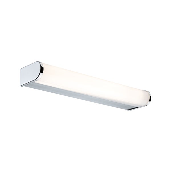Moderne LED-Badwandleuchte in Chrom mit länglichem opalweißem Kunststoffschirm.