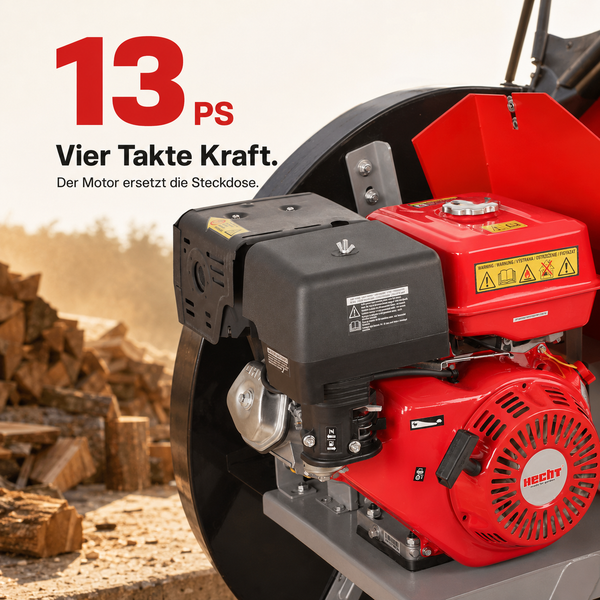 Hecht Viertaktmotor mit 13 Pferdestärken für Gartenmaschinen vor einem Holzstapel, Warnsymbole für Sicherheit, Hecht Logo.
