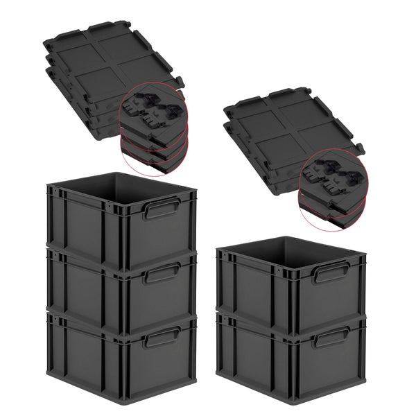 PROREGAL SuperSparSet 5x Eurobox NextGen Grip mit Scharnierdeckel und schwarzen Schiebeschnappverschlüssen, HxBxT 22x30x40cm, 20 Liter, Schwarz, Griffe geschlossen, Eurobehälter, Transportbox, Transportbehälter, Stapelbehälter