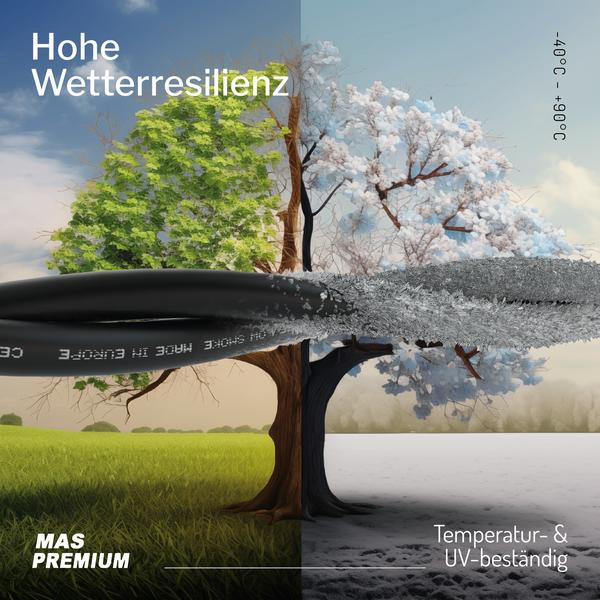 Schwarzes Kabel MAS PREMIUM vor Baum im Sommer und Winter, hohe Wetterresilienz, temperatur- und UV-beständig.