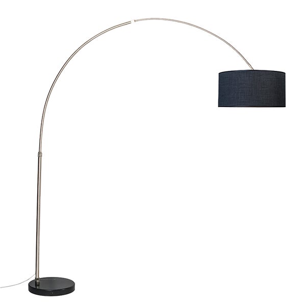 QAZQA - Modern Bogenlampe stahl I nickel matt schwarzer Lampenschirm 50 cm - XXL I Wohnzimmer - Stahl Länglich - LED geeignet E27