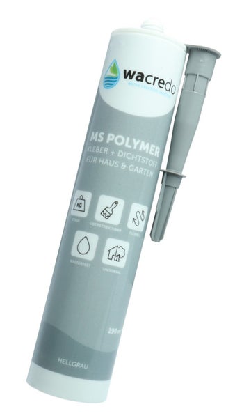Wacredo MS Polymer Kleber und Dichtstoff in Hellgrau für Haus und Garten, 290 Milliliter Kartusche, überstreichbar, flexibel und wasserfest.
