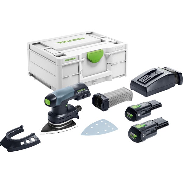Festool Akku-Deltaschleifer DTSC 400 Set mit Systainer, zwei Akkus, Ladegerät, Staubbeutel, Schleifblatt und Protektor.