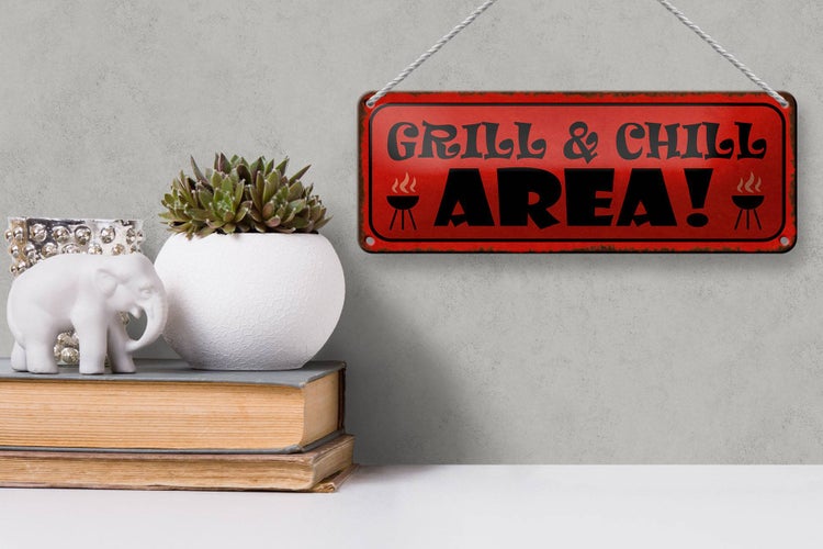 Blechschild Spruch 27x10cm Grill Chill Area Grillen Dekoration